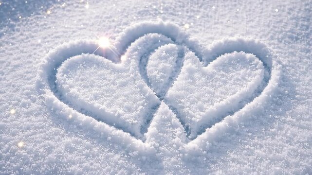 Two hearts drawn in fresh white snow texture. Romantic winter background for Valentine's Day concept.