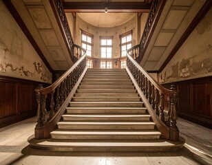 Grand staircase interior with detailed wooden railings and architectural design