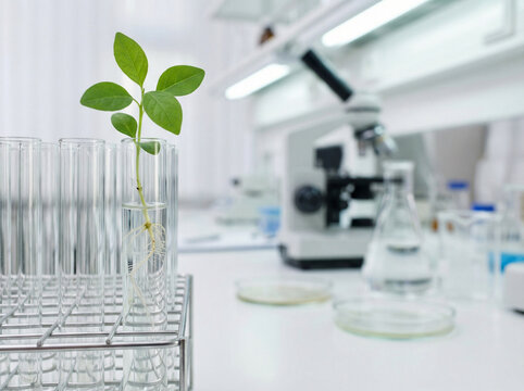 Small green plant growing in test tube biotechnology