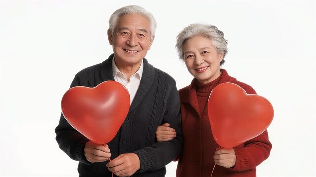  Pareja de ancianos sonrientes con globos rojos de corazón celebrando San Valent&iacute;n