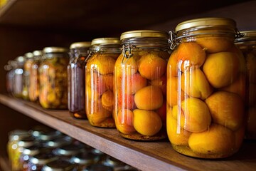 Preserved peaches in glass jars on wooden shelves