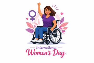Fototapeta premium Happy International Women's Day illustration with a woman in a wheelchair raising her fist