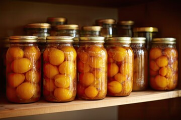 Preserved yellow fruit in glass jars on wooden shelves