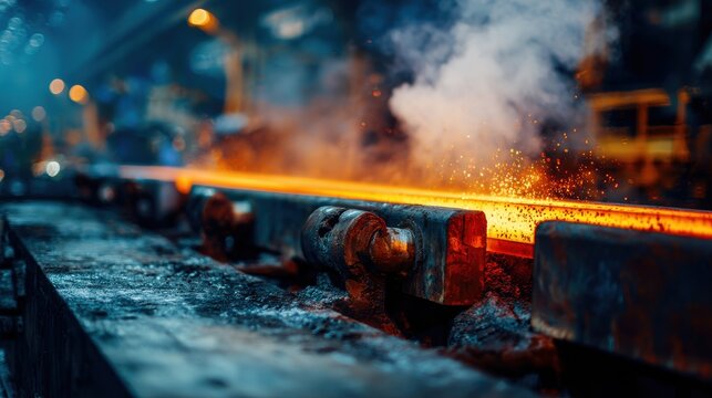 Steel industry large rolling mill flattening hot steel slabs on blurred background