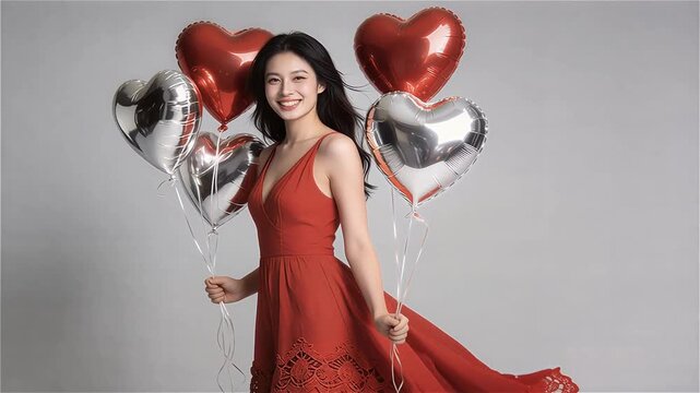 Mujer con vestido rojo y globos de corazón celebrando San Valent&iacute;n