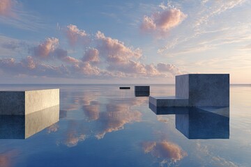 Gray cubes on water, sunset sky