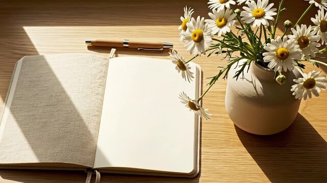Open notebook with pen and daisies in vase on wooden table.