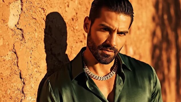 A confident latino gangster mafia boss exuding power and dominance in a narcotic trade scene concept