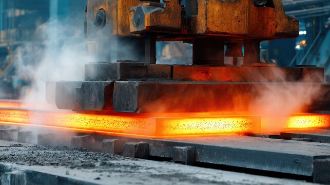 Steel industry large rolling mill flattening hot steel slabs on blurred background