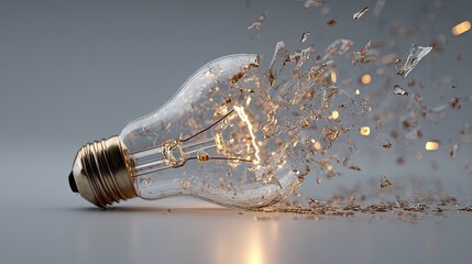 Shattered lightbulb, glass fragments explode outward
