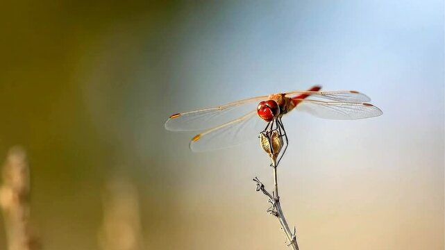 A red dragonfly perched on a plant stem.