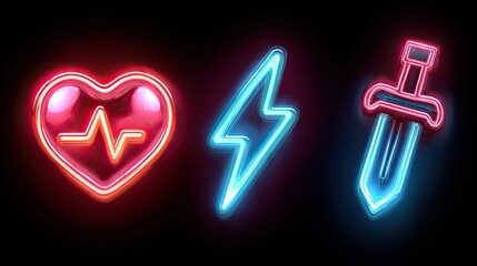 Neon-lit icons of a heart, lightning bolt, and sword