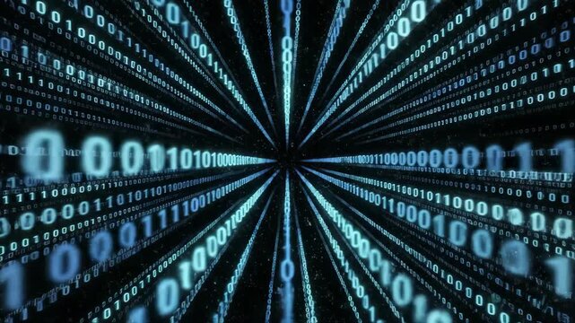 Abstract numeric flow. Glowing numbers form flowing streams that pass through a dark void, evoking quiet digital motion.