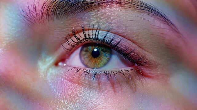 Close up of a human eye with colorful abstract patterns reflected on the iris.