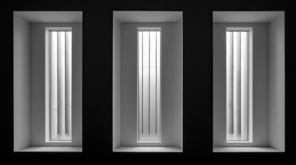 Three recessed windows with vertical bars, grayscale