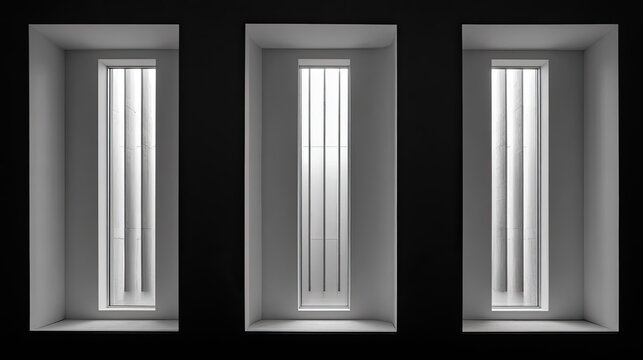 Three recessed windows with vertical bars, grayscale
