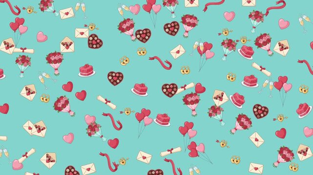 Seamless Valentine&rsquo;s Day Animated Pattern Floating Romantic Hearts, Roses, and Love Assets on Cyan Background