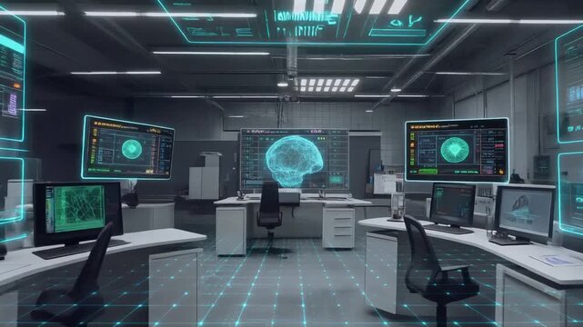 Futuristic Renewable Energy Control Room with Advanced Computer Systems and Multiple Monitors Displaying Energy Data