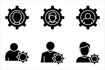 Set of account gear icons, vector symbols representing support staff roles, technical expertise, or user account settings. Illustrations on a white background.