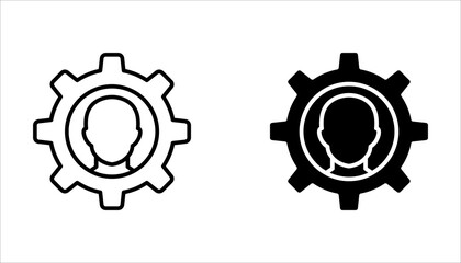Set of account gear icons, vector symbols representing support staff roles, technical expertise, or user account settings. Illustrations on a white background.