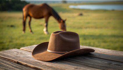 Rustic cowboy hat on wooden table with horse grazing in background