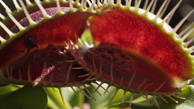 Close up of a Venus flytrap plant with its trap open showing red interior and serrated edges.