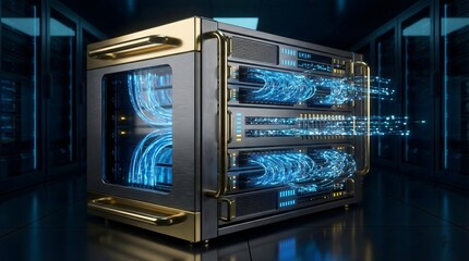 Obraz premium 3D Golden Data Server Rack with Glowing Optical Fibers Big Data Concept