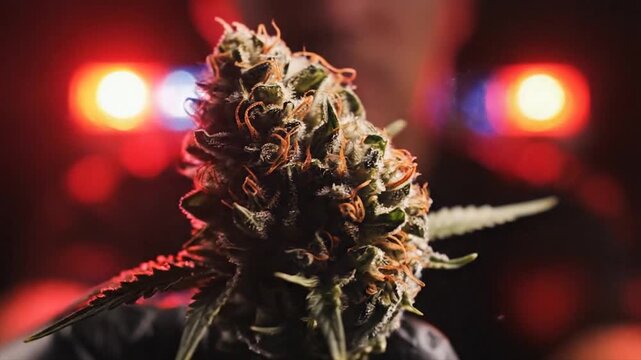 Close up of cannabis bud with blurred police lights in background.