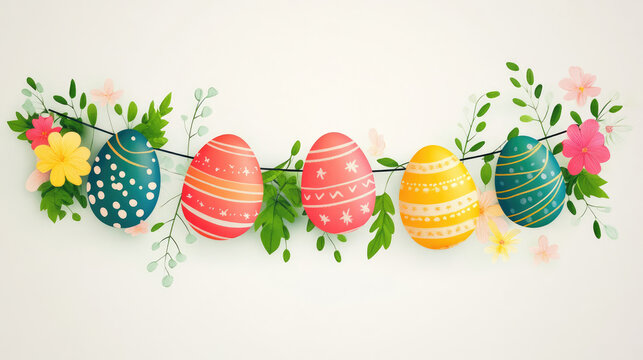 Colorful easter egg and flower banner for spring festivity decor