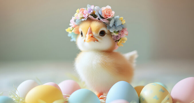 A sweet chick adorned with a floral Easter bonnet stands among pastel-colored eggs, capturing the joy of the Easter holiday