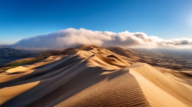 Rare Camanchaca Fog Rolling Over Dunes at Dawn in a Desert Landscape