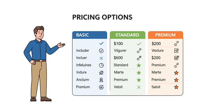 Man presenting pricing options comparison chart.