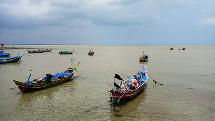 Fishing boats are anchored along the shore, their colorful boats floating on the murky brown water.