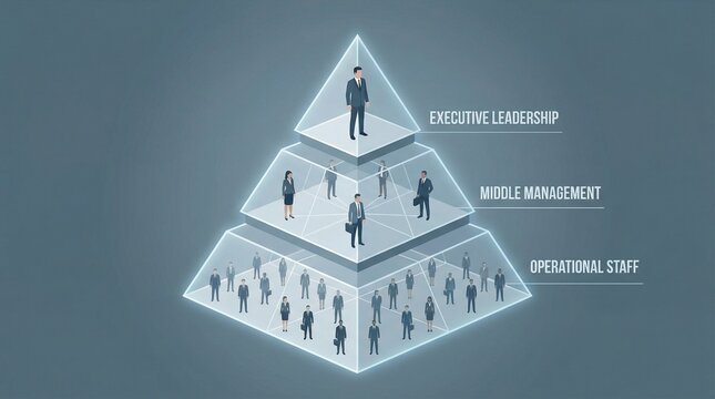 Business Organization Hierarchy Pyramid with Executive Leadership, Middle Management, and Operational Staff