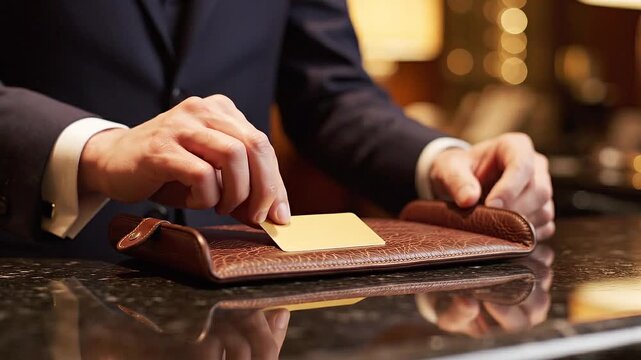 Businessman's hands in a suit placing a blank golden card onto a leather holder on a polished counter, suggesting premium service or payment.