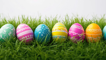Fototapeta premium easter background poster illustration with vibrant pastel eggs on white grass a row of brightly colored easter eggs in a grassy field