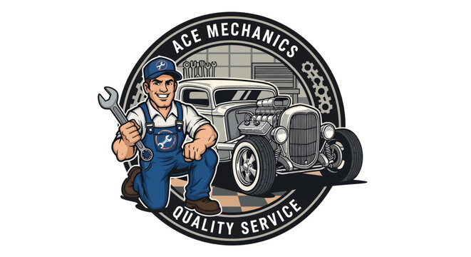 Ace Mechanics Quality Service Logo with Mechanic and Hot Rod Car.