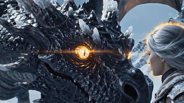 Cinematic Colossal Black Dragon with Glowing Amber Eyes in Snowy Mountain Atmosphere 60fps
