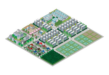 郊外の街並みのイラスト. アイソメ図で描いた都市.