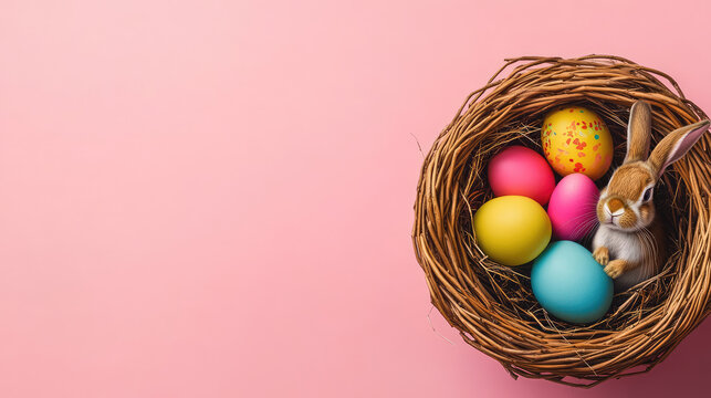 a wicker basket with colorful eggs and a rabbit in it on a pink background with copy space