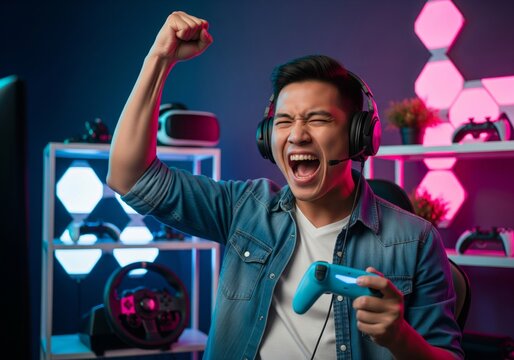 Excited young Asian man celebrating victory while playing video games with neon lights.
