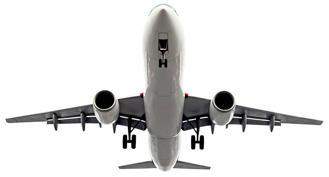 Airplane flying overhead, underside view, transparent background
