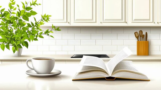 Open book coffee cup green plant kitchen counter modern interior white tile backsplash wooden utensils cozy atmosphere reading time home