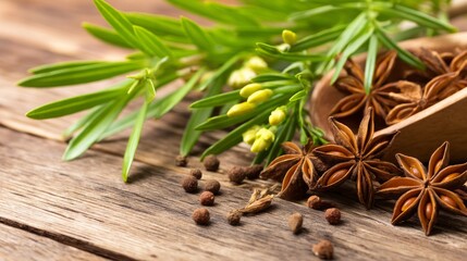 Aromatic Spices on Wooden Surface with Green Leaves and Anise Pods for Culinary Use