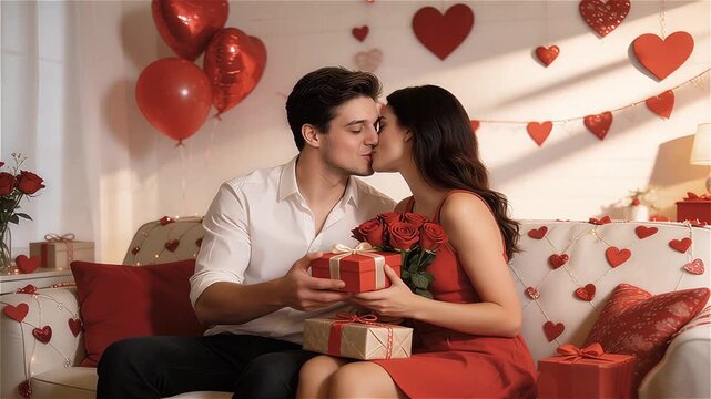 Pareja joven intercambiando regalos en un sofá decorado para San Valentín