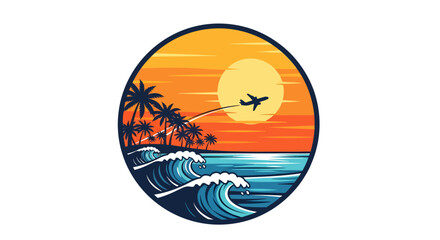 Airplane flying over tropical beach at sunset with ocean waves.