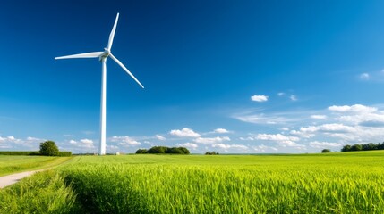 Obraz premium Wind Turbine in Rural Landscape Under Bright Blue Sky with Green Grass