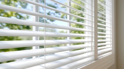 Obraz premium Sunlight Gradually Strengthening Through Open Blinds with Greenery in the Background