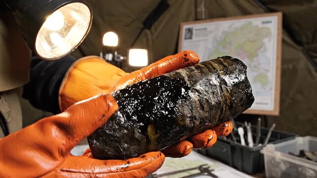 Permafrost core sample, a frozen record of Earth's past, held by an expedition scientist in orange gloves under bright light.