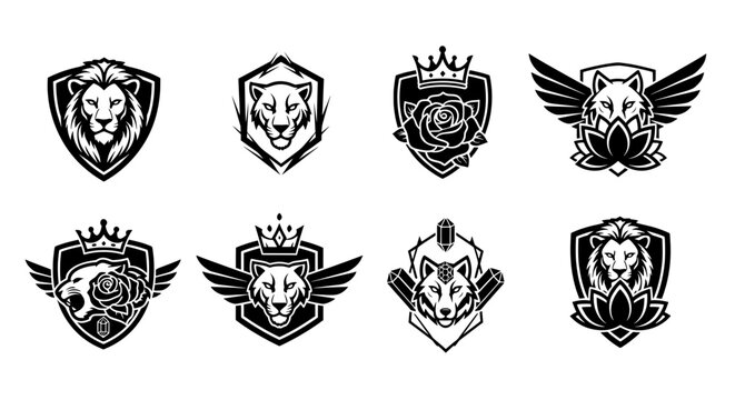 Bundle of vector mascot heads featuring lion tiger and wolf with rose and lotus flowers for gaming clan logo and esports team identity